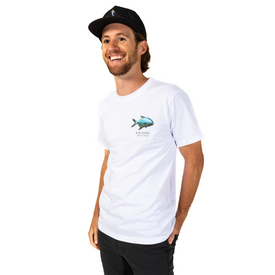 A smiling man in a black cap wears the Icelantic Permit Tee, a comfortable and stylish unisex t-shirt made from organic cotton, featuring a fish graphic and ATLANTIC text. Perfect for everyday wear, he's standing against a white background.