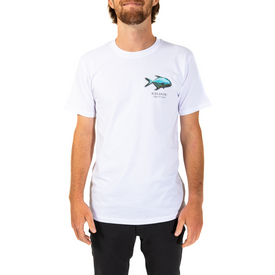 A man wearing the Icelantic Permit Tee, a GOTS certified organic cotton t-shirt featuring a small blue fish graphic and “Kona180” text on the left chest, standing against a plain white background.
