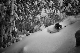 Wearing winter gear, a skier carves through fresh powder on a snowy slope lined with snow-covered pine trees, riding the Icelantic Skis Nomad 112 Whiteout.