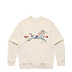 The Spirit Horse Crew - Ecru by Icelantic Skis is a cream-colored sweatshirt showcasing a vibrant, stylized horse illustration with geometric body patterns and red and blue diamond shapes in the background.
