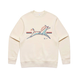 Introducing the Spirit Horse Crew - Ecru by Icelantic Skis, an ecru sweatshirt showcasing a vibrant, stylized horse illustration with geometric patterns and decorative accents centered on the front.