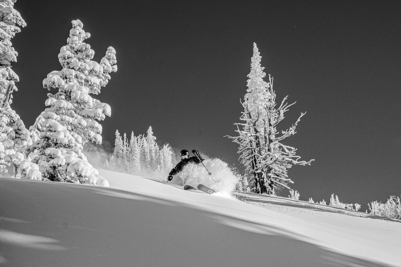 A snowboarder carves down a snowy slope surrounded by snow-covered trees under a clear sky, riding the Icelantic Skis Nomad 112 Whiteout. The scene is in black and white.