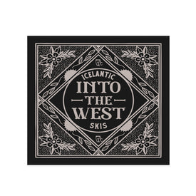 Featuring a black and white square design with floral patterns and the Icelantic Skis "Into The West Bandana" text at the center, this bandana is bordered by decorative accents. Inspired by classic bandanas, it’s crafted from lightweight cotton in Denver, offering a unique blend of style and comfort.