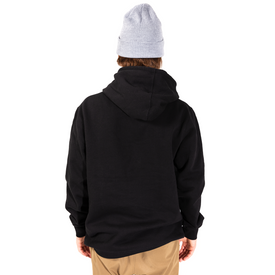 A person wearing a black Icelantic Yew Lineage Hoodie from the Backcountry Collection and a light gray knit beanie is standing with their back to the camera. They are also wearing tan pants against a plain white background.