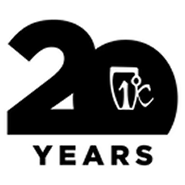 Black 20 YEARS logo with a stylized person inside the zero, celebrating a 20th anniversary.
