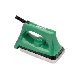 A green and black electric iron with a metal soleplate and temperature control dial from Icelantic Skis’ mountainFLOW Eco Wax Kit is displayed on a white background—perfect for evenly melting ski wax onto your gear at any temperature.