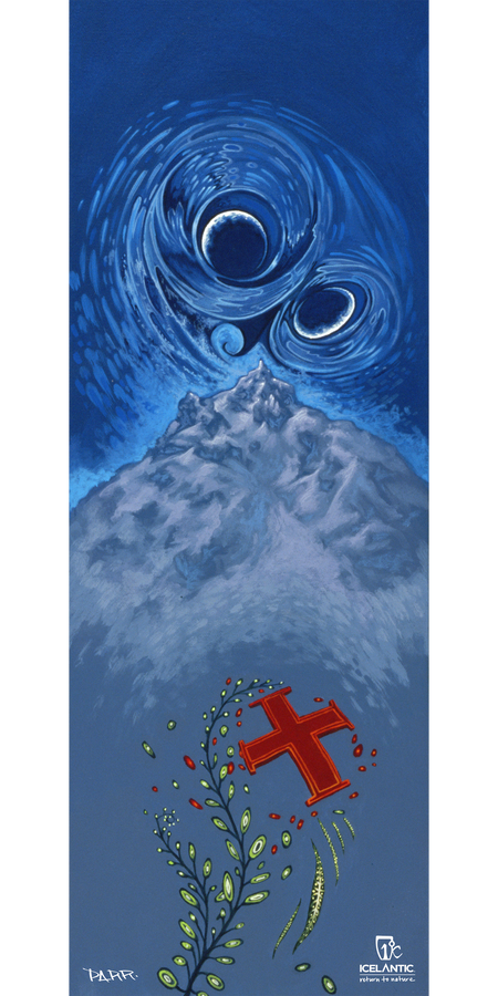 Experience "06/07 Shaman Fine Art Print" by Icelantic: a swirling blue sky with two moons above a snowy mountain peak, while a red cross rests among green vines with red berries below—available as a fine art print or as a striking giclee print on wrapped canvas.