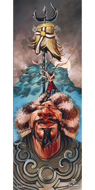 The 08/09 Nomad Fine Art Print by Icelantic features a stylized painting of a warrior in a fur hat and armor, holding a trident and raising a golden helmet with blonde hair above his head, set against mountains, trees, and a cloudy sky—available as an elegant fine art or giclee print.