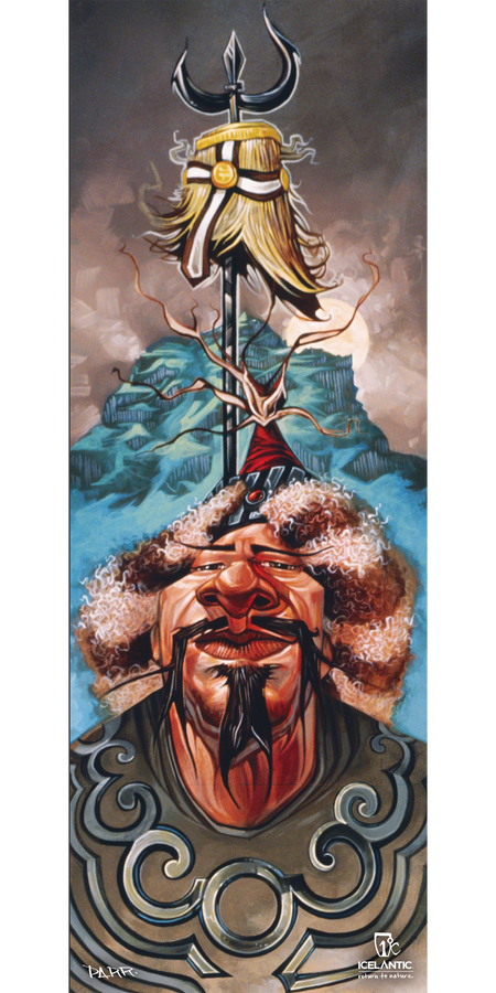 The 08/09 Nomad Fine Art Print by Icelantic features a stylized painting of a warrior in a fur hat and armor, holding a trident and raising a golden helmet with blonde hair above his head, set against mountains, trees, and a cloudy sky—available as an elegant fine art or giclee print.