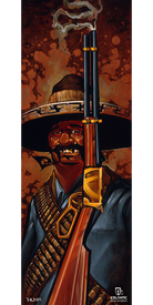 The 08/09 Scout Fine Art Print by Icelantic showcases a stylized painting of a man in a sombrero and bandoliers, holding a large smoking rifle upright against a dark red, textured background—perfect for adding bold character to any space as fine art prints or wrapped canvas.