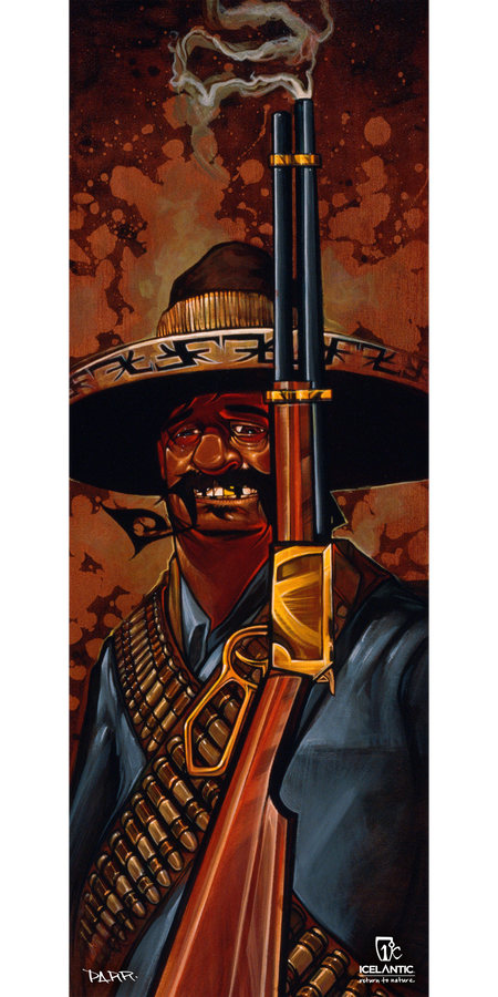 The 08/09 Scout Fine Art Print by Icelantic showcases a stylized painting of a man in a sombrero and bandoliers, holding a large smoking rifle upright against a dark red, textured background—perfect for adding bold character to any space as fine art prints or wrapped canvas.