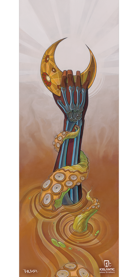 A robotic arm emerges from swirling orange liquid, grasping a crescent moon adorned with red and yellow accents. Green tentacles reach up from the liquid toward the arm, illuminated by radiant beams overhead. The 09/10 Da' Nollie Fine Art Print by Icelantic is available as a vibrant giclee print, bringing a surreal touch to any fine art prints collection.