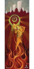 A stylized gold fish leaps upward with fiery orange trails toward a green ring and a brown seed, while white monoliths rise against a crimson background. This captivating scene from Icelantic’s 09/10 Nomad Fine Art Print is available as a premium print or wrapped canvas, perfect for adding bold energy to any space. The artwork features the Icelantic logo in the lower right corner.