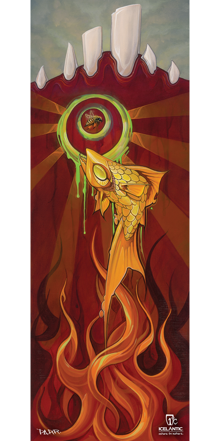 A stylized gold fish leaps upward with fiery orange trails toward a green ring and a brown seed, while white monoliths rise against a crimson background. This captivating scene from Icelantic’s 09/10 Nomad Fine Art Print is available as a premium print or wrapped canvas, perfect for adding bold energy to any space. The artwork features the Icelantic logo in the lower right corner.