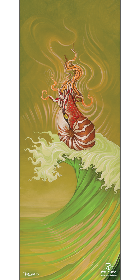 The Icelantic 09/10 Pilgrim Fine Art Print features a stylized nautilus shell with swirling orange and white patterns riding a cresting green wave against a yellow background. Abstract, flowing lines convey movement and energy in this vibrant giclee print, making it ideal for display as wrapped canvas fine art.