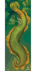 The 09/10 Scout Fine Art Print by Icelantic depicts a stylized green sea serpent with a yellow mane swimming upward through swirling green water, illuminated by beams of light. This vibrant artwork features intricate, flowing patterns, making it an ideal choice for giclee or wrapped canvas fine art prints.