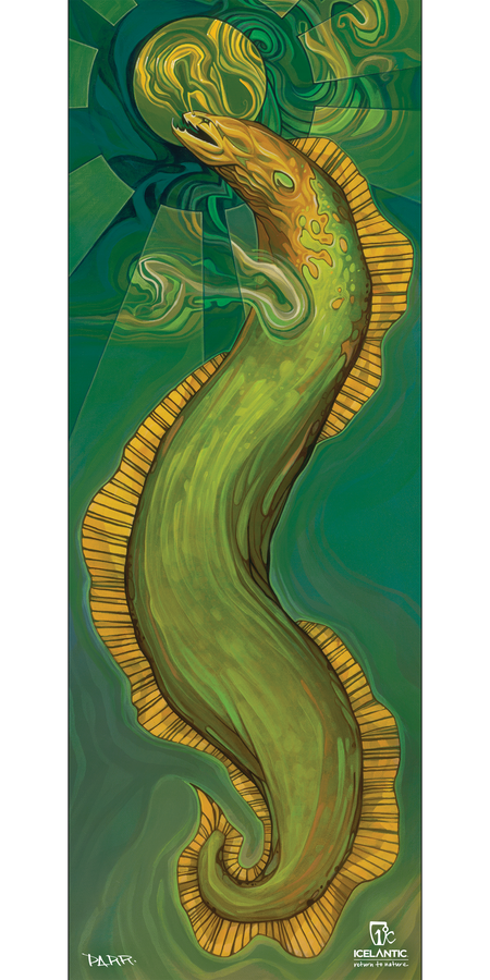 The 09/10 Scout Fine Art Print by Icelantic depicts a stylized green sea serpent with a yellow mane swimming upward through swirling green water, illuminated by beams of light. This vibrant artwork features intricate, flowing patterns, making it an ideal choice for giclee or wrapped canvas fine art prints.