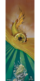 Introducing the Icelantic 09/10 Shaman Fine Art Print: Featuring a stylized golden fish with a prominent, expressive eye rising from water, this artwork is accented by rays and geometric shapes below. The harmonious blend of golds, greens, and browns produces a surreal, fantasy atmosphere—making it an exceptional choice for fine art displays or as an eye-catching giclee print on wrapped canvas.