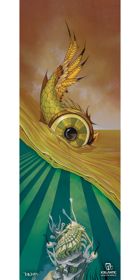 Introducing the Icelantic 09/10 Shaman Fine Art Print: Featuring a stylized golden fish with a prominent, expressive eye rising from water, this artwork is accented by rays and geometric shapes below. The harmonious blend of golds, greens, and browns produces a surreal, fantasy atmosphere—making it an exceptional choice for fine art displays or as an eye-catching giclee print on wrapped canvas.