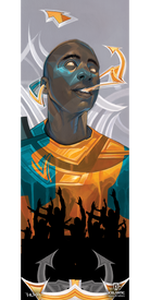 Introducing the "10/11 Da' Nollie Fine Art Print" by Icelantic—a striking giclee print featuring a stylized digital portrait awash in vivid blue and orange hues with geometric accents. At the bottom, silhouetted figures with raised arms evoke the energy of a lively crowd or audience.