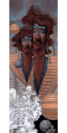 Two stylized figures adorned in geometric garments and cosmic symbols float above planets in the 10/11 Keeper Fine Art Print by Icelantic. Beneath them, sketched faces and flowing hair intertwine. The upper section dazzles with vibrant colors, while the lower portion shifts to striking black-and-white—blending realism with abstraction. This bold composition makes an outstanding addition to any space, ideal as a fine art print or giclee print on wrapped canvas.
