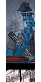 Introducing the 10/11 Nomad Fine Art Print by Icelantic: This surreal artwork features a blue figure with a segmented face, wearing glasses and a hat, strumming a guitar. Faded house sketches and abstract grayscale shapes form the background, while logos and illustrated panels line the bottom of the piece. Perfect as a giclee or fine art print, this piece will beautifully elevate any space.
