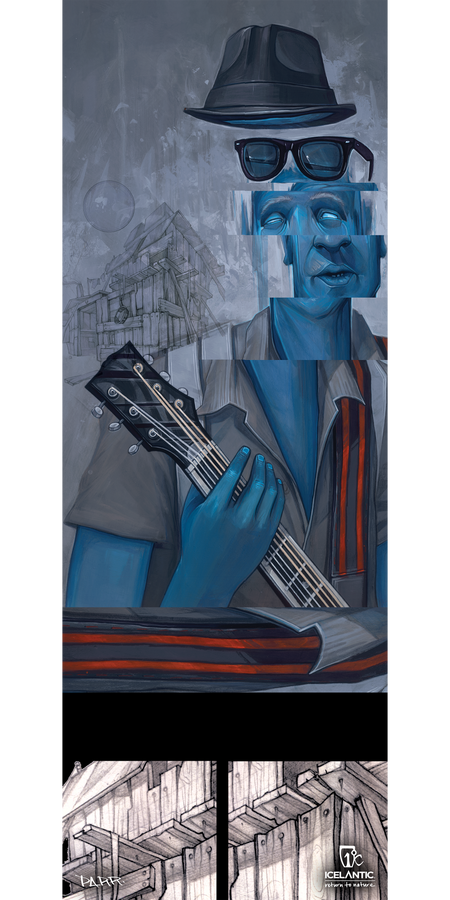 Introducing the 10/11 Nomad Fine Art Print by Icelantic: This surreal artwork features a blue figure with a segmented face, wearing glasses and a hat, strumming a guitar. Faded house sketches and abstract grayscale shapes form the background, while logos and illustrated panels line the bottom of the piece. Perfect as a giclee or fine art print, this piece will beautifully elevate any space.