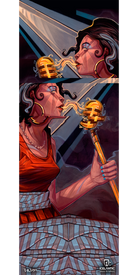 Experience the striking "10/11 Oracle Fine Art Print" by Icelantic—an expressive artwork featuring a woman in a red top singing passionately into a golden microphone, with music visualized as swirling yellow forms. Bold geometric shapes compose her hair, dress, and the background, creating a dynamic modern aesthetic. Available as vibrant fine art prints or on wrapped canvas to infuse any space with contemporary elegance.