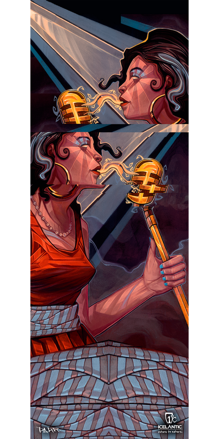 Experience the striking "10/11 Oracle Fine Art Print" by Icelantic—an expressive artwork featuring a woman in a red top singing passionately into a golden microphone, with music visualized as swirling yellow forms. Bold geometric shapes compose her hair, dress, and the background, creating a dynamic modern aesthetic. Available as vibrant fine art prints or on wrapped canvas to infuse any space with contemporary elegance.