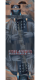Experience the 10/11 Pilgrim Fine Art Print by Icelantic, featuring a surreal composition of a blue-skinned, three-eyed figure playing guitar—complete with mirrored hands and faces, intricate abstract patterns, and the word "ICELANTIC" in bold red font at the center. Available as a vibrant giclee print or wrapped canvas, this striking piece infuses any modern space with unique fine art flair.