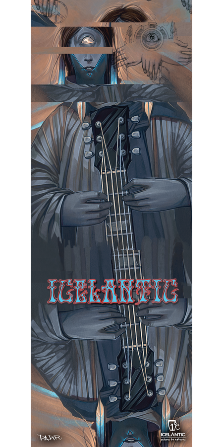 Experience the 10/11 Pilgrim Fine Art Print by Icelantic, featuring a surreal composition of a blue-skinned, three-eyed figure playing guitar—complete with mirrored hands and faces, intricate abstract patterns, and the word "ICELANTIC" in bold red font at the center. Available as a vibrant giclee print or wrapped canvas, this striking piece infuses any modern space with unique fine art flair.