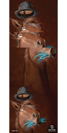 Experience the "10/11 Scout Fine Art Print" by Icelantic—an extraordinary surreal digital artwork depicting a brown horse with three overlapping heads, glowing eyes, a black fedora, and blue grass in its mouth. Set against a brown background, this striking piece is available as either a fine art print or a giclee print on wrapped canvas, making it a one-of-a-kind addition to any art collection.