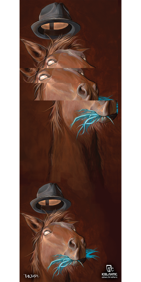 Experience the "10/11 Scout Fine Art Print" by Icelantic—an extraordinary surreal digital artwork depicting a brown horse with three overlapping heads, glowing eyes, a black fedora, and blue grass in its mouth. Set against a brown background, this striking piece is available as either a fine art print or a giclee print on wrapped canvas, making it a one-of-a-kind addition to any art collection.