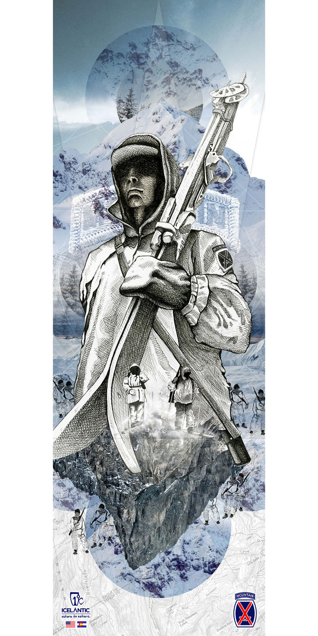 Introducing the 10th Mountain Division Fine Art Print by Icelantic Skis—a striking composition featuring a stylized soldier holding skis amid snowy mountains, with smaller skiers climbing the slopes below. Iconic logos and 10th Mountain Division insignias are displayed along the bottom. Available as fine art prints or vibrant giclée prints on wrapped canvas, this piece blends bold design with exceptional quality for lasting impact.