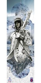 Introducing the 10th Mountain Division Fine Art Print by Icelantic Skis—a striking composition featuring a stylized soldier holding skis amid snowy mountains, with smaller skiers climbing the slopes below. Iconic logos and 10th Mountain Division insignias are displayed along the bottom. Available as fine art prints or vibrant giclée prints on wrapped canvas, this piece blends bold design with exceptional quality for lasting impact.