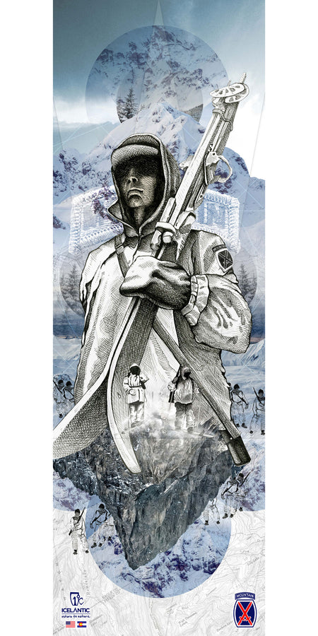 Introducing the 10th Mountain Division Fine Art Print by Icelantic Skis—a striking composition featuring a stylized soldier holding skis amid snowy mountains, with smaller skiers climbing the slopes below. Iconic logos and 10th Mountain Division insignias are displayed along the bottom. Available as fine art prints or vibrant giclée prints on wrapped canvas, this piece blends bold design with exceptional quality for lasting impact.