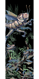 An armored, stylized grasshopper leaps above lush plants, its form illuminated by glowing green symbols and accompanied by smaller insects beneath. Set against a predominantly dark background that makes the vibrant scene pop, the "11/12 Da' Nollie Fine Art Print" from Icelantic is ideal for display as a striking fine art print or wrapped canvas, bringing luminous energy into any space.