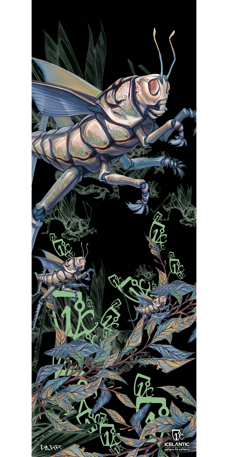 An armored, stylized grasshopper leaps above lush plants, its form illuminated by glowing green symbols and accompanied by smaller insects beneath. Set against a predominantly dark background that makes the vibrant scene pop, the "11/12 Da' Nollie Fine Art Print" from Icelantic is ideal for display as a striking fine art print or wrapped canvas, bringing luminous energy into any space.