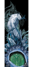 A white mountain goat stands atop icy blue rocks amidst abstract, graffiti-inspired designs above a green, crystal-like circle in the 11/12 Gemini Fine Art Print. This striking Icelantic artwork is available as a giclee or fine art print and features the Icelantic logo and text at the bottom right.