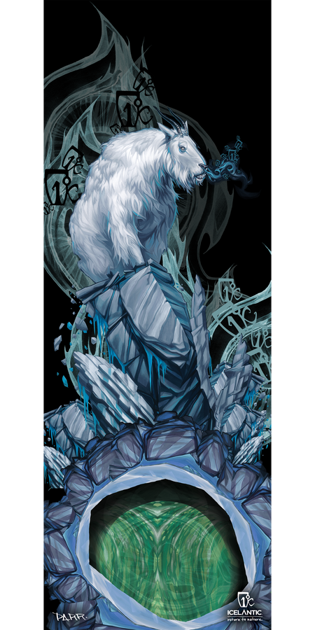 A white mountain goat stands atop icy blue rocks amidst abstract, graffiti-inspired designs above a green, crystal-like circle in the 11/12 Gemini Fine Art Print. This striking Icelantic artwork is available as a giclee or fine art print and features the Icelantic logo and text at the bottom right.