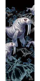 Illustrated walruses swim among stylized blue and white fish bones and abstract shapes on a black background, with the Icelantic logo at the bottom right. The 11/12 Gypsy Fine Art Print by Icelantic is available as striking fine art prints or as a giclee print for an elegant display.