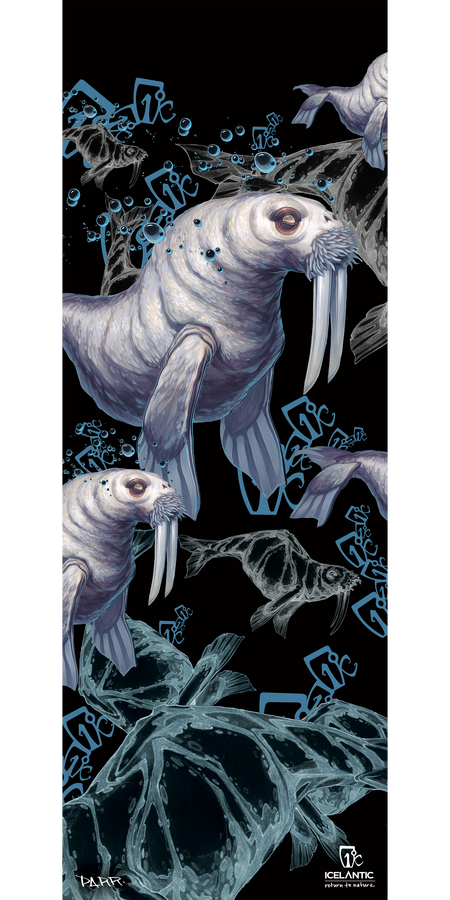Illustrated walruses swim among stylized blue and white fish bones and abstract shapes on a black background, with the Icelantic logo at the bottom right. The 11/12 Gypsy Fine Art Print by Icelantic is available as striking fine art prints or as a giclee print for an elegant display.