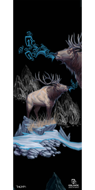 Two illustrated elk stand among icy rocks and grass as blue, stylized breath marked with rune-like symbols emerges from one elk’s mouth. Jagged mountains rise in the background, while Icelantic branding is visible at the bottom right. The 11/12 Keeper Fine Art Print by Icelantic is available as a fine art print or wrapped canvas; this giclee print captures the spirit of the Nordic wilderness in stunning detail.