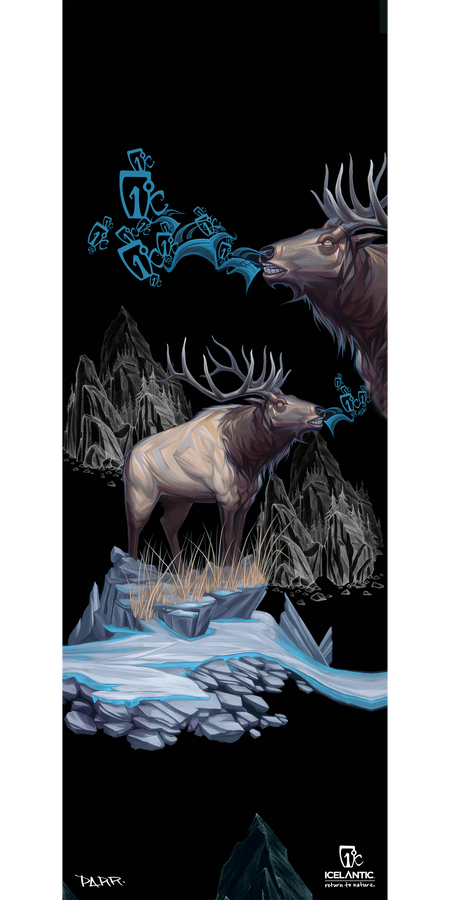 Two illustrated elk stand among icy rocks and grass as blue, stylized breath marked with rune-like symbols emerges from one elk’s mouth. Jagged mountains rise in the background, while Icelantic branding is visible at the bottom right. The 11/12 Keeper Fine Art Print by Icelantic is available as a fine art print or wrapped canvas; this giclee print captures the spirit of the Nordic wilderness in stunning detail.