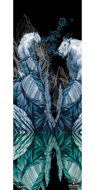 Two mountain goats face each other atop icy blue rocks, with mystical runes swirling between them in this breathtaking scene from the 11/12 Nomad Fine Art Print by Icelantic. Jagged mountains rise in the background, creating a composition reminiscent of fine art prints. The Icelantic logo appears at the lower right corner.