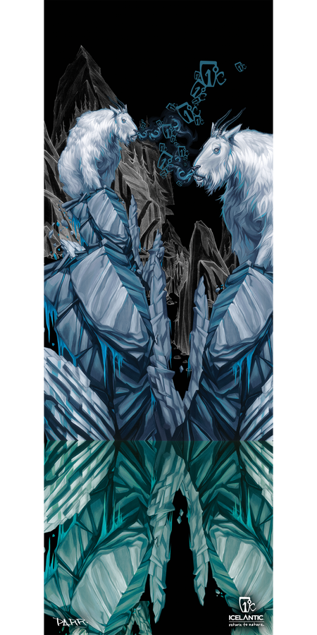Two mountain goats face each other atop icy blue rocks, with mystical runes swirling between them in this breathtaking scene from the 11/12 Nomad Fine Art Print by Icelantic. Jagged mountains rise in the background, creating a composition reminiscent of fine art prints. The Icelantic logo appears at the lower right corner.