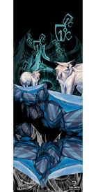 Two stylized white lynxes stand on angular, icy blue rocks beneath swirling teal patterns on a black background; this captivating scene is beautifully rendered in the 11/12 Oracle Fine Art Print. The Icelantic brand name appears at the bottom right, enhancing the fine art quality of this distinctive piece.