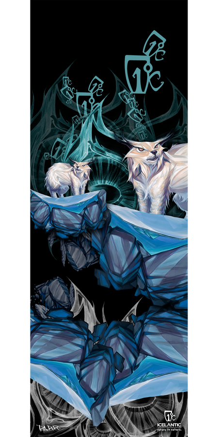 Two stylized white lynxes stand on angular, icy blue rocks beneath swirling teal patterns on a black background; this captivating scene is beautifully rendered in the 11/12 Oracle Fine Art Print. The Icelantic brand name appears at the bottom right, enhancing the fine art quality of this distinctive piece.