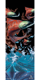 Stylized red and blue salmon leap from turbulent blue waves against a black background adorned with artistic tribal-like designs. The 11/12 Pilgrim Fine Art Print by Icelantic is available as a fine art print or wrapped canvas, featuring the Icelantic logo in the lower right corner for a striking finishing touch.
