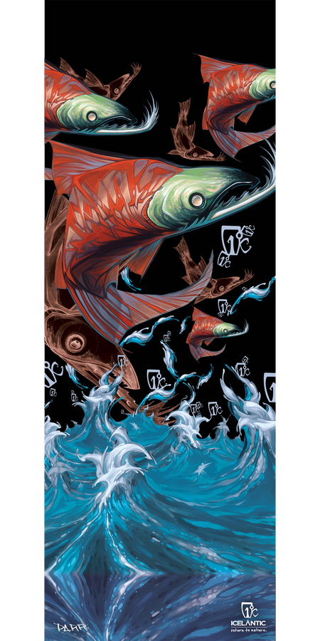Stylized red and blue salmon leap from turbulent blue waves against a black background adorned with artistic tribal-like designs. The 11/12 Pilgrim Fine Art Print by Icelantic is available as a fine art print or wrapped canvas, featuring the Icelantic logo in the lower right corner for a striking finishing touch.